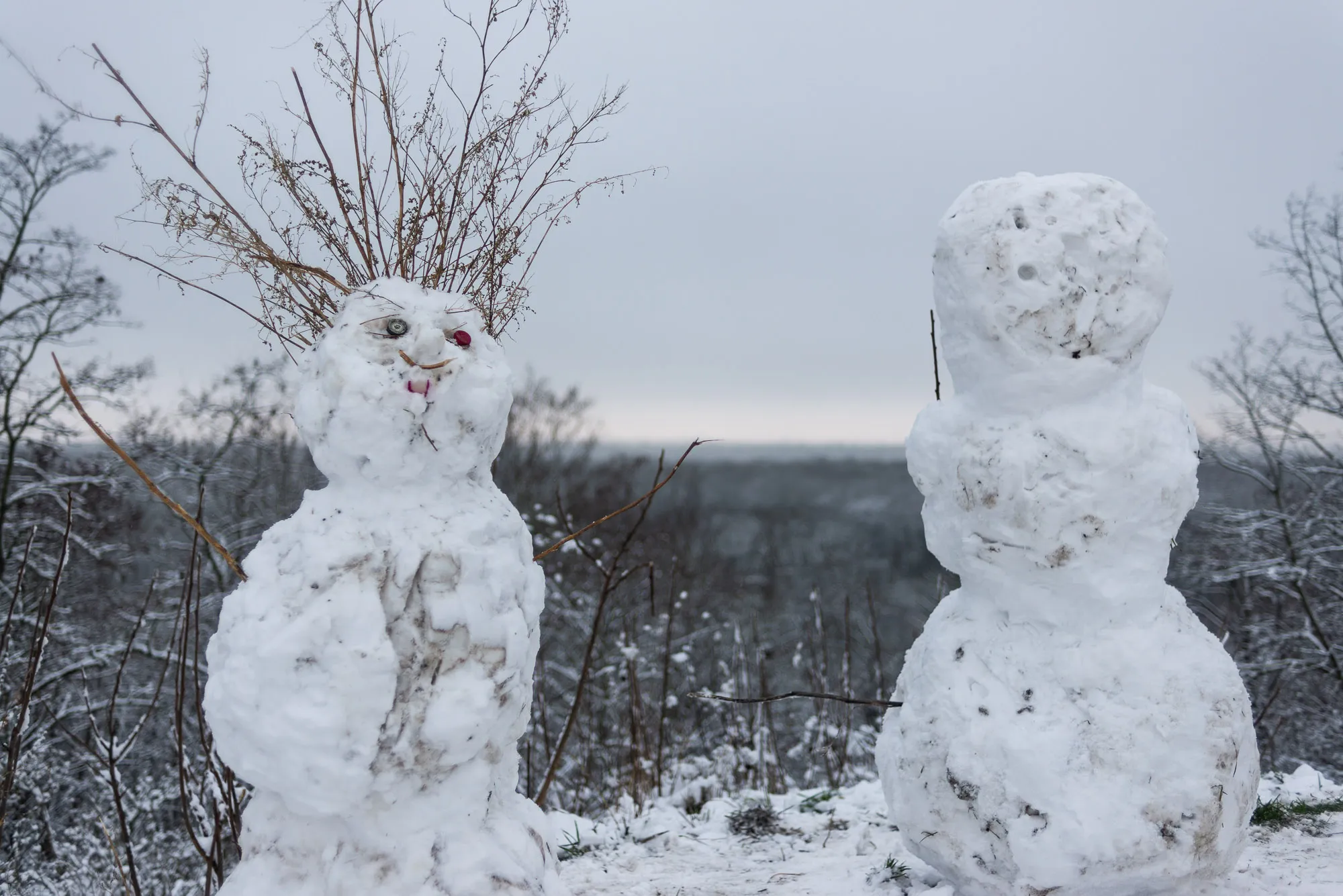 Zwei Schneeleute auf dem Fockeberg